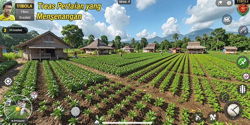 Tampilan gameplay 11BOLA menunjukkan keindahan ladang dan tanaman.