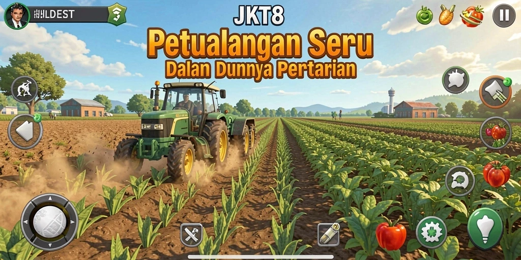 Screenshot permainan JKT8 menampilkan aktivitas bertani yang menyenangkan.