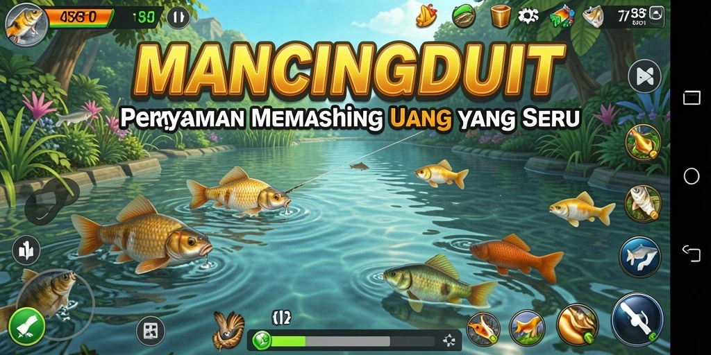 Screenshot gameplay MANCINGDUIT yang menunjukkan aksi memancing yang mendebarkan.