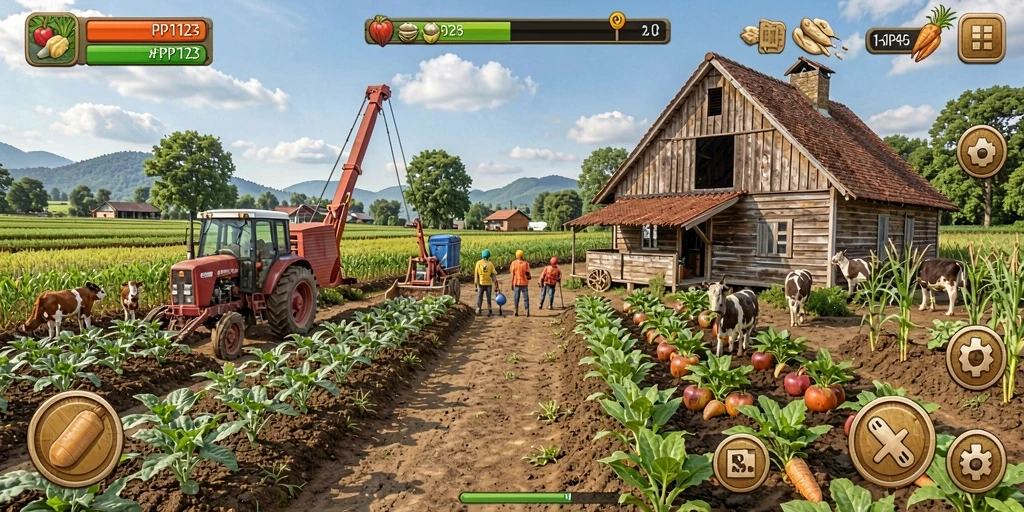 Screenshot gameplay PP123 yang menunjukkan aktivitas bertani yang seru.