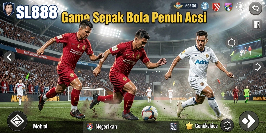 Tampilan gameplay SL888 menampilkan aksi seru di lapangan sepak bola.